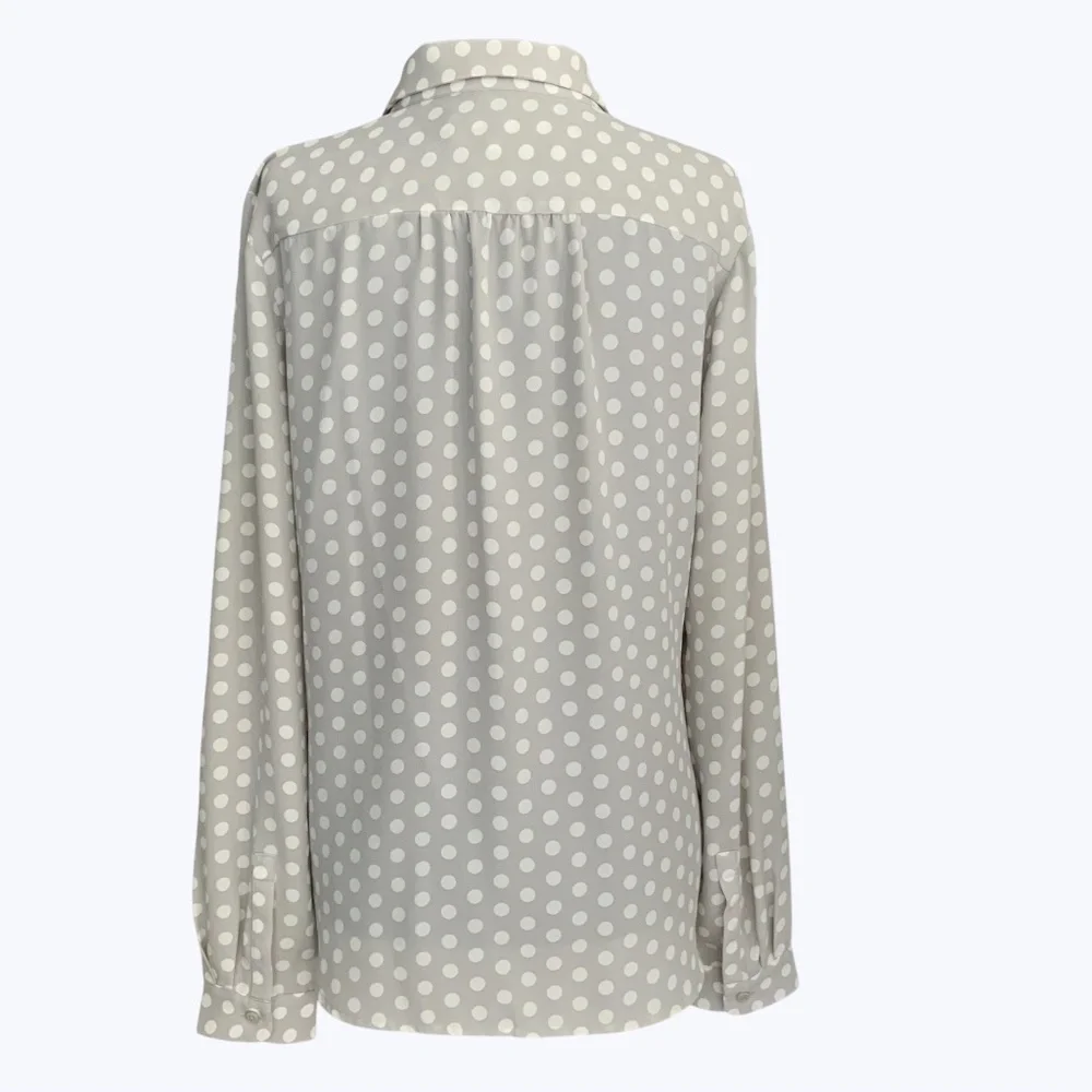 LOFT Grey White Polka Dot Silky Button Front Long Sleeve  Blouse SZ S